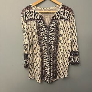 Lucky Brand Cream and Navy Patterned Top
